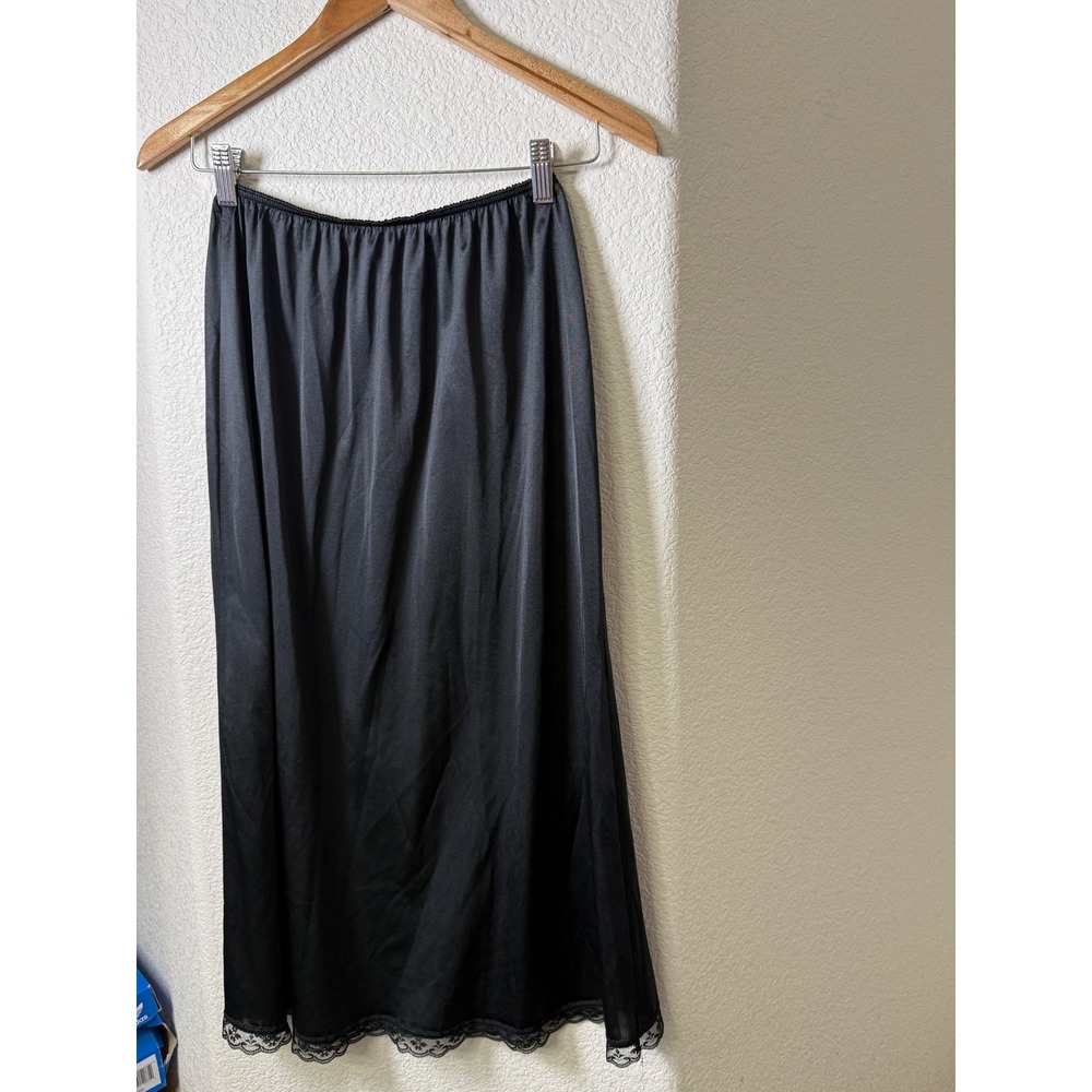 Vintage Sears Black Lace Trim Half Slip Midi Skirt Antron Nylon USA L Whitchey